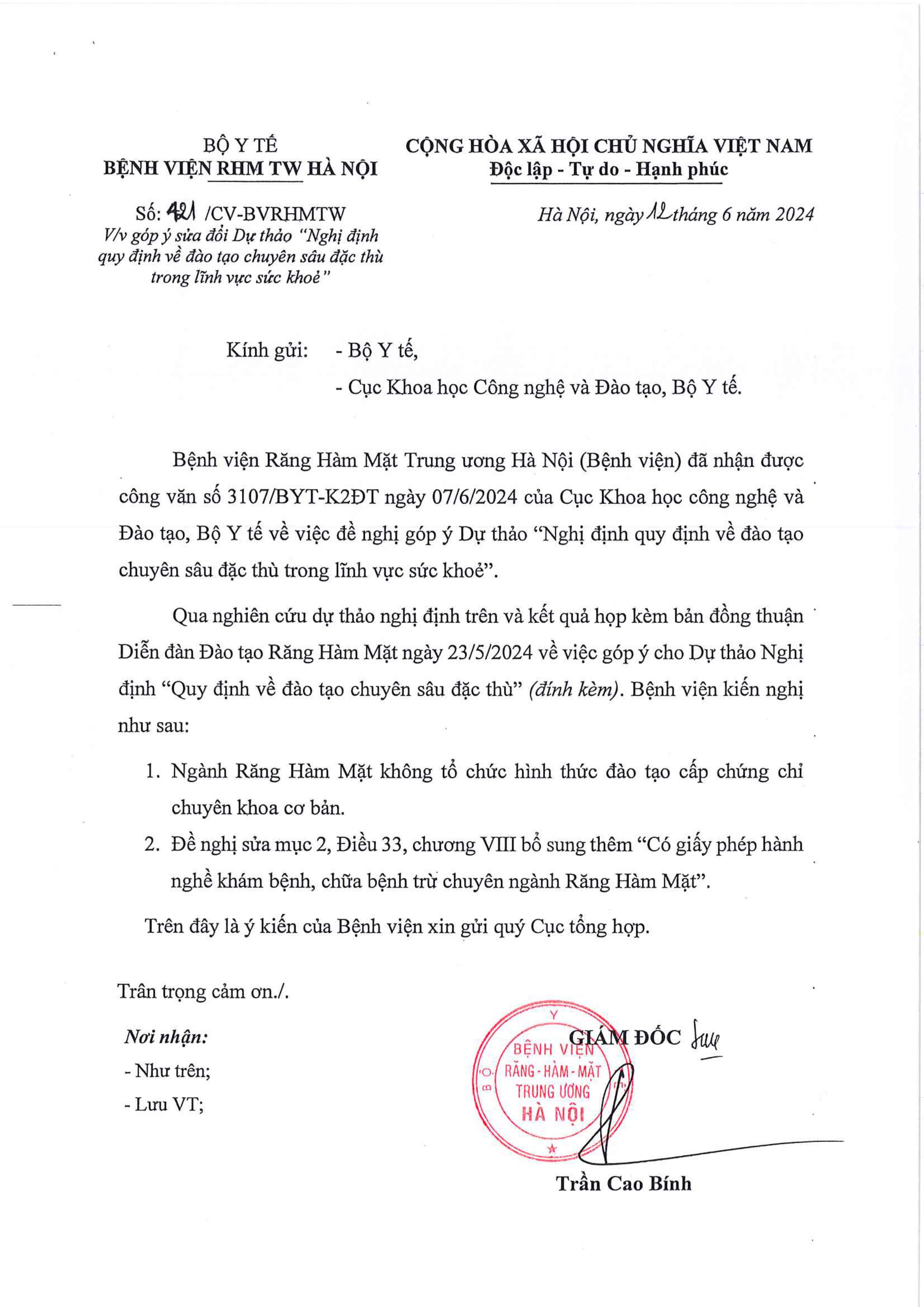 CÔNG VĂN 421 VỀ GÓP Ý SỬA ĐỔI DỰ THẢO: NGHỊ ĐỊNH QUY ĐỊNH VỀ ĐÀO TẠO CHUYÊN SÂU ĐẶC THÙ TRONG LĨNH VỰC SỨC KHỎE